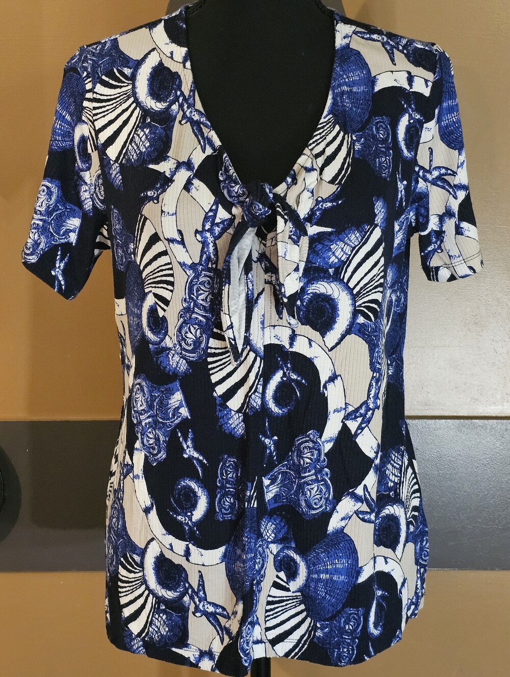 Women’s Navy Blue and White Shell Print Tie-Front Top